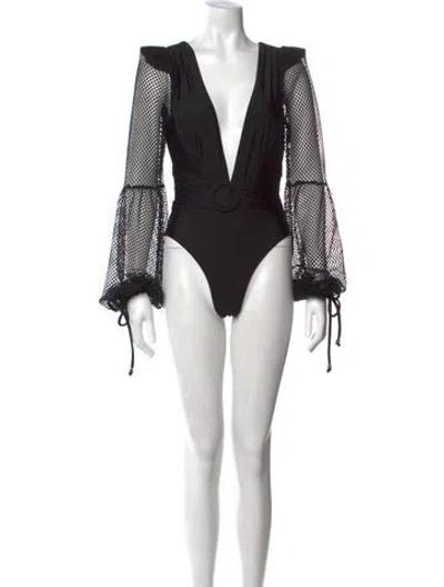 Pre-owned Patbo Plunge Neckline Long Sleeve Bodysuit In Black
