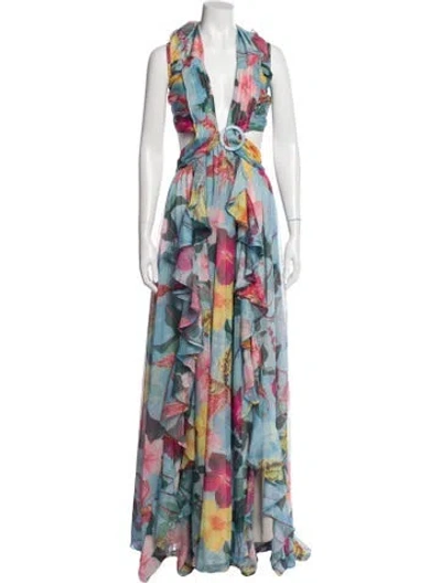 Pre-owned Patbo Printed Long Dress In Blue