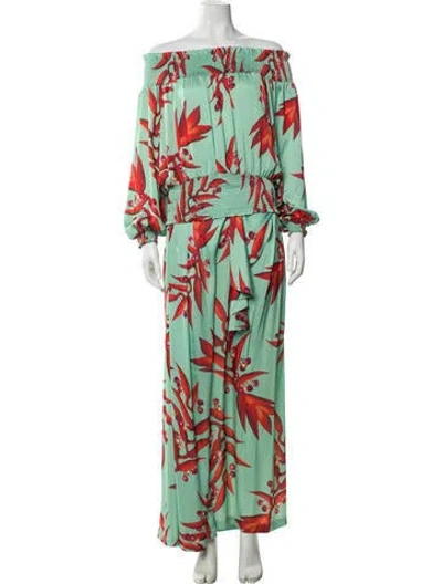 Pre-owned Patbo Printed Ruffle Embellishment Pant Set In Green