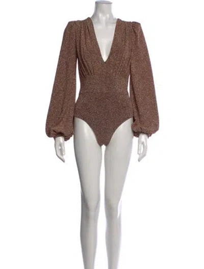 Pre-owned Patbo Printed V-neck Bodysuit In Gold/metallic