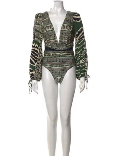 Pre-owned Patbo Printed V-neck Bodysuit In Green