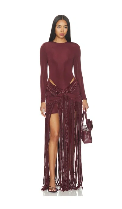 Patbo Taffeta Tarsila Fringe Maxi Dress In Brown