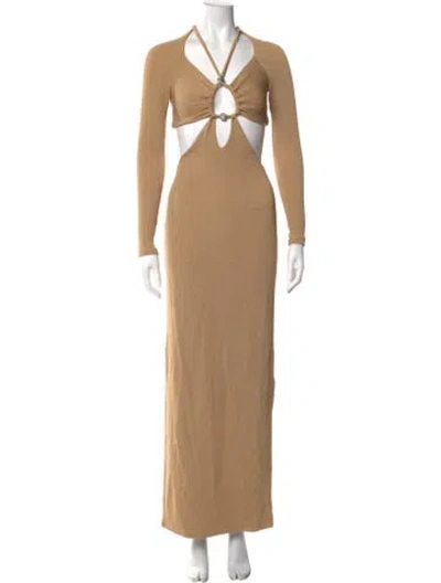 Pre-owned Patbo V-neck Long Dress In Brown