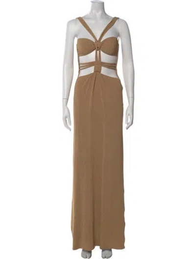 Pre-owned Patbo V-neck Long Dress In Brown