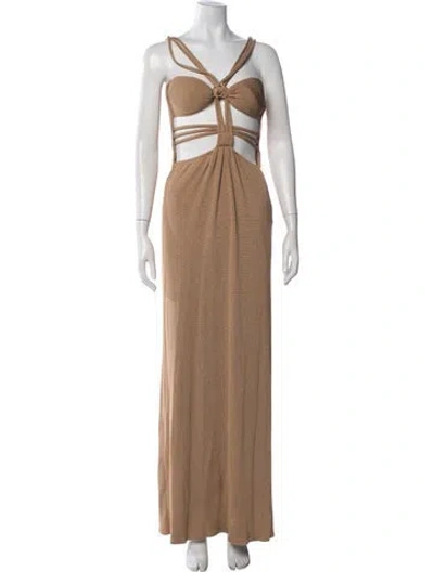 Pre-owned Patbo V-neck Long Dress In Brown