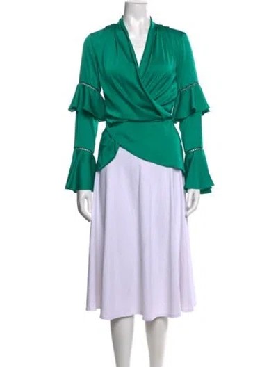 Pre-owned Patbo V-neck Long Sleeve Blouse In Green