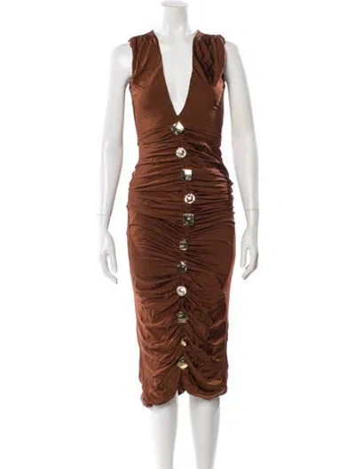 Pre-owned Patbo V-neck Midi Length Dress In Brown