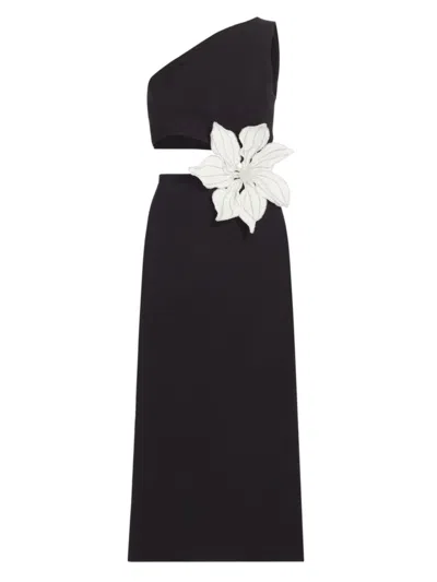 Patbo Flower Applique One-shoulder Cutout Midi Dress In Black