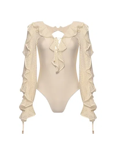 Patbo Women's Jade Plunge Long-sleeve One-piece Swimsuit In Neutral