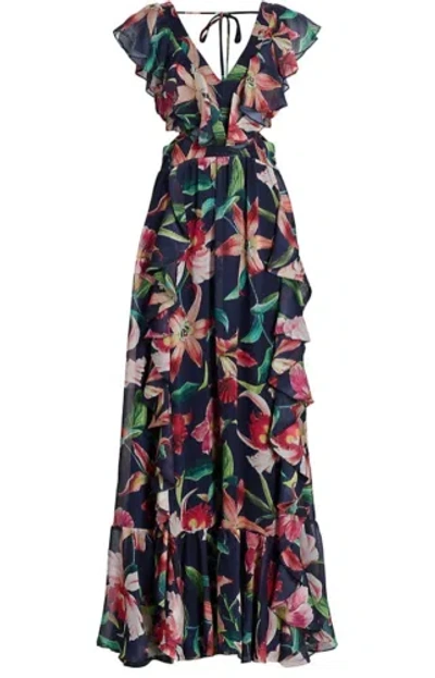 Pre-owned Patbo Women Laelia Navy Blue Floral Print V-neck Ruffle Trim Gown Dress In Multicolor