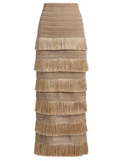 Patbo Women's Metallic Tiered Fringe Midi-skirt In Gold