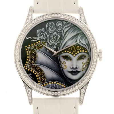 Patek Philippe Calatrava Rare Handcrafts Automatic Diamond Black Dial Ladies Watch 5077-100g-030 In White