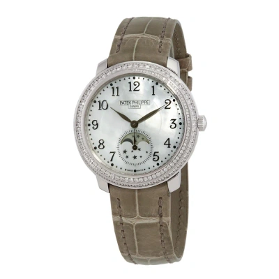Patek Philippe Complications Hand Wind White Mother Of Pearl Dial Ladies Watch 4968g-010 In Gold / Mother Of Pearl / Taupe / White