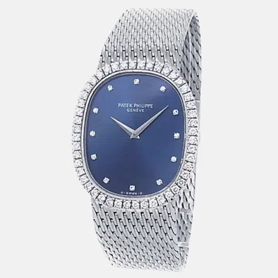 Pre-owned Patek Philippe Golden Ellipse 3748/009 Manual Winding Blue Dial 18k White Gold Diamond Women's Wristwatch 29 Mm
