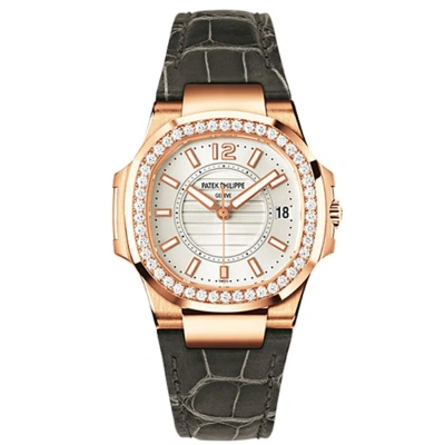 Patek Philippe Nautilus White Dial Black Leather Strap Ladies Watch 7010r-001 In Gold