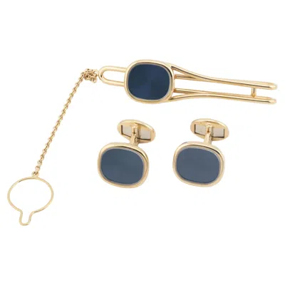 Pre-owned Patek Philippe Patek Golden Ellipse Blue Sunburst 18k Yellow Gold Cufflinks Tiebar