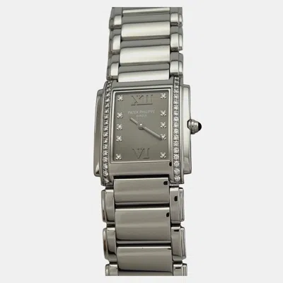 Pre-owned Patek Philippe Twenty-4 4910/10a-010 Quartz Gray Dial Stainless Steel Diamond Women's Wristwatch 25 Mm