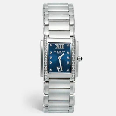 Pre-owned Patek Philippe Twenty-4 4910/10a-012 Blue Dial Stainless Steel Diamond Women's Wristwatch 25.10 Mm In Silver