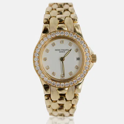 Pre-owned Patek Philippe White Diamond 18k Yellow Gold Neptune Quartz Women's Wristwatch 26 Mm