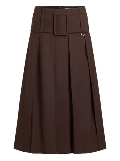 Patou Belted Pleated Midi Skirt In Brown