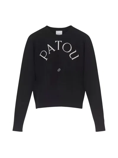 Patou Black Merino Wool Blend Jumper With Jacquard Logo