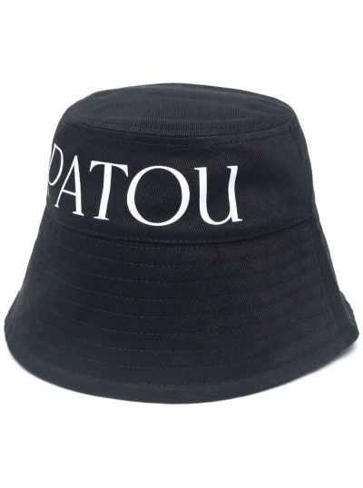 Patou Black Bucket Hat With Wide Brim And Lettering Print In Cotton Woman