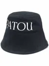 PATOU BLACK BUCKET HAT WITH WIDE BRIM AND LETTERING PRINT IN COTTON WOMAN
