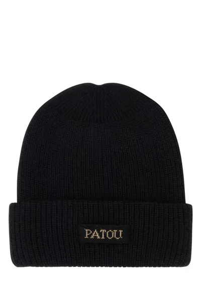 PATOU BLACK LOGO BEANIE HAT