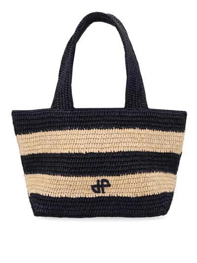 Patou Trapeze Striped Woven Tote Bag In Black