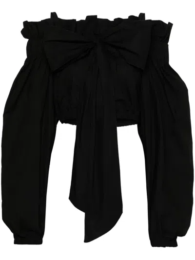 Patou Volume Cropped Poplin Shirt W/bow In Black