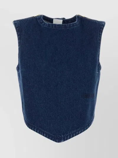 Patou Bow Detail Cropped Denim Top With Open Back In Blue