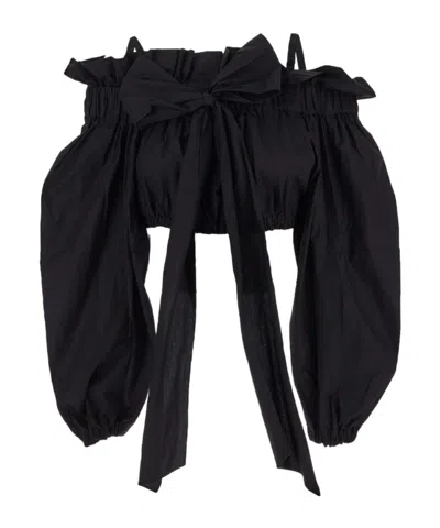 Patou Volume Cropped Poplin Shirt W/bow In Black