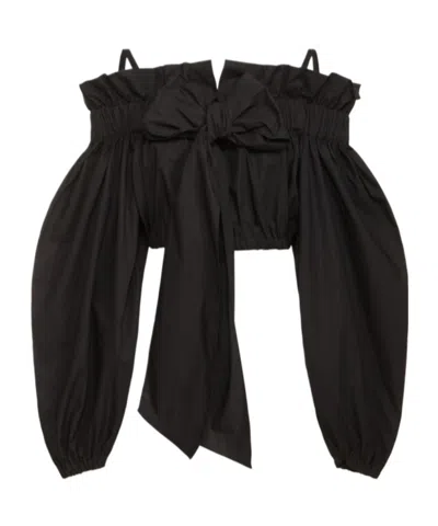 Patou Volume Cropped Poplin Shirt W/bow In Black