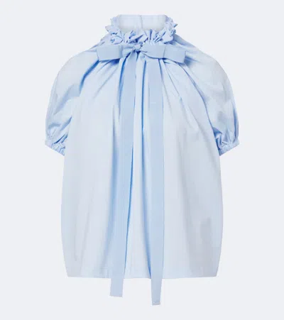 Patou Bow-detail Gathered Cotton Jersey Top In Blue