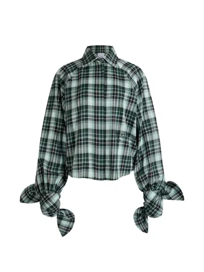 Patou Bow-sleeve Check Blouse In Green