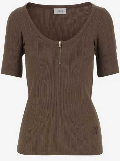 PATOU BROWN SCOOP NECK RIBBED T-SHIRT