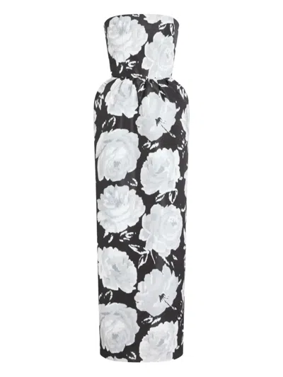Patou Long Bustier Dress In Mesh With Floral Print In Black