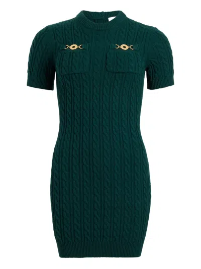 Patou Cable-knit Gold-button Mini Dress In Green
