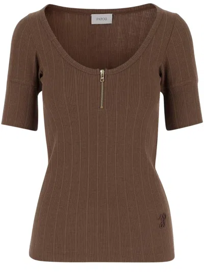 Patou Cotton Blend Knit T-shirt With Logo In Brown