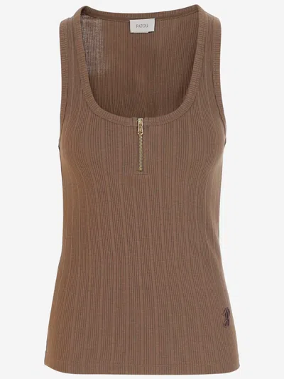 Patou Cotton Blend Knit Top With Logo In Mocha
