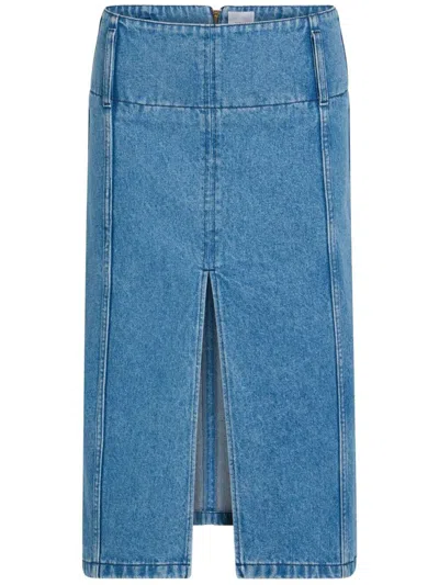 Patou Cotton Denim Belted Midi Skirt Clothing In Blue