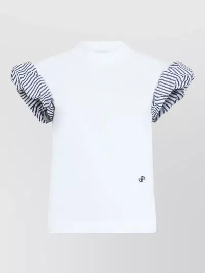 Patou Crew Neck Top Nylon Silk Striped Sleeves In White