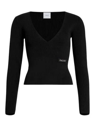 Patou Women's V-neck Knit Patch Logo In Black