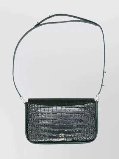 Patou Crocodile Embossed Shoulder Bag With Adjustable Strap In Black