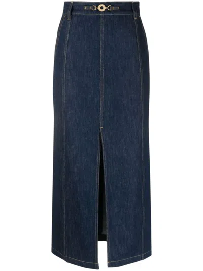 Patou Slit-detail Organic-denim Midi Skirt In Blue