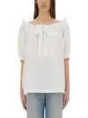 Patou Off-the-shoulder Drawstring Top With Ruffled Edges In White