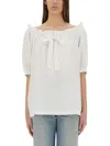 Patou Off-the-shoulder Drawstring Top With Ruffled Edges In White