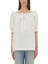Patou Off-the-shoulder Drawstring Top With Ruffled Edges In White