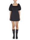 Patou Short Dress With Puff Sleeves And Boat Neckline In Black