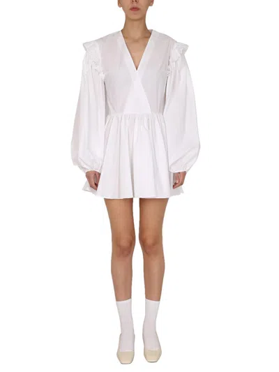 Patou V-neck Balloon Sleeve Mini Dress In White